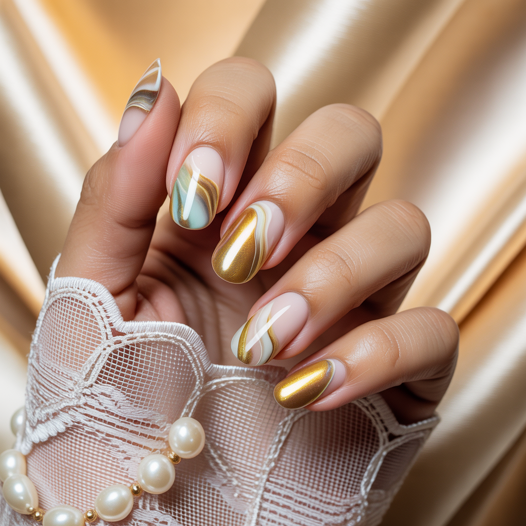 gold and white nails
