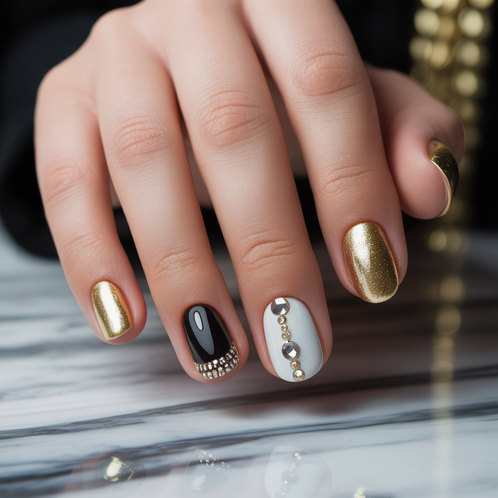 gold and white nails