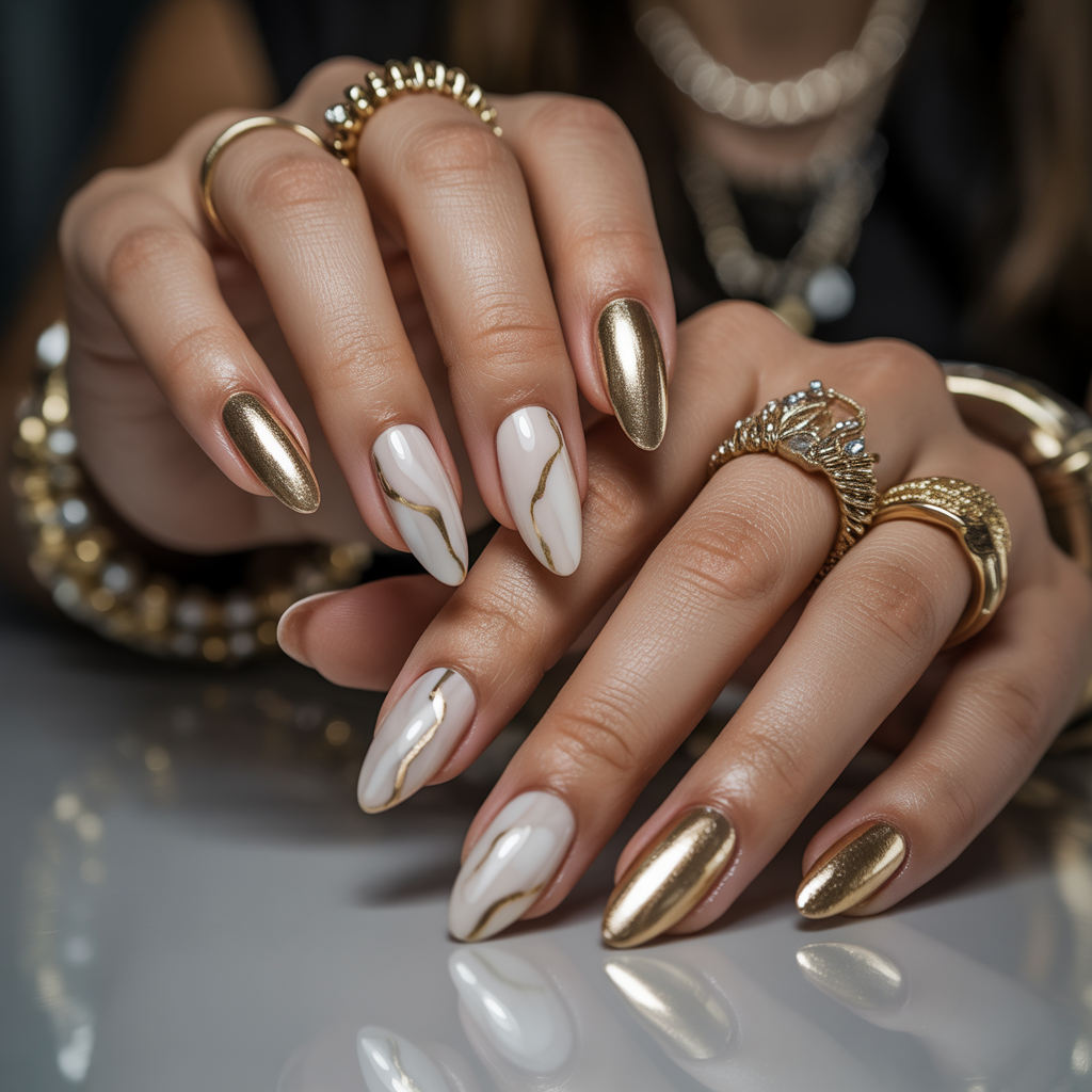 gold and white nails