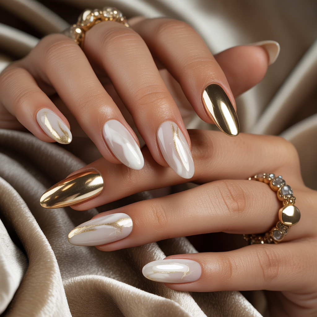 gold and white nails