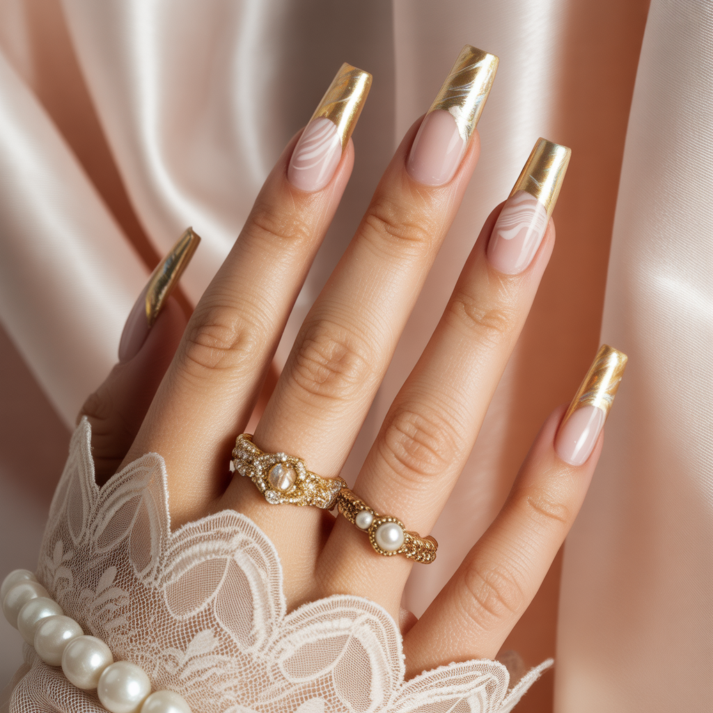 gold and white nails