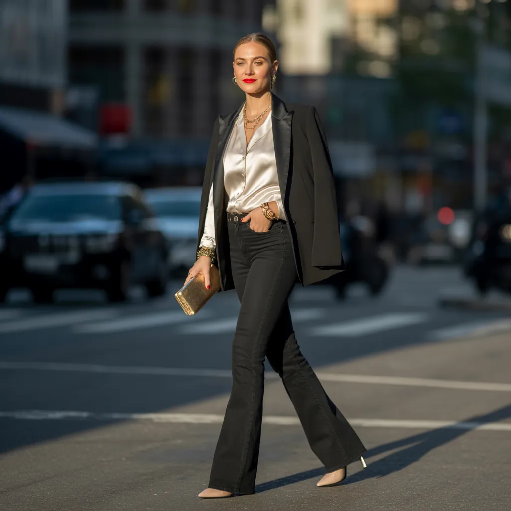 outfits to wear with black flare jeans