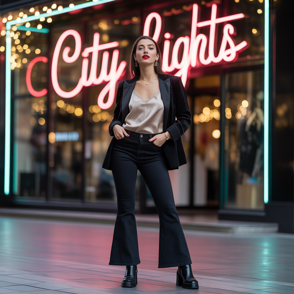 outfits to wear with black flare jeans