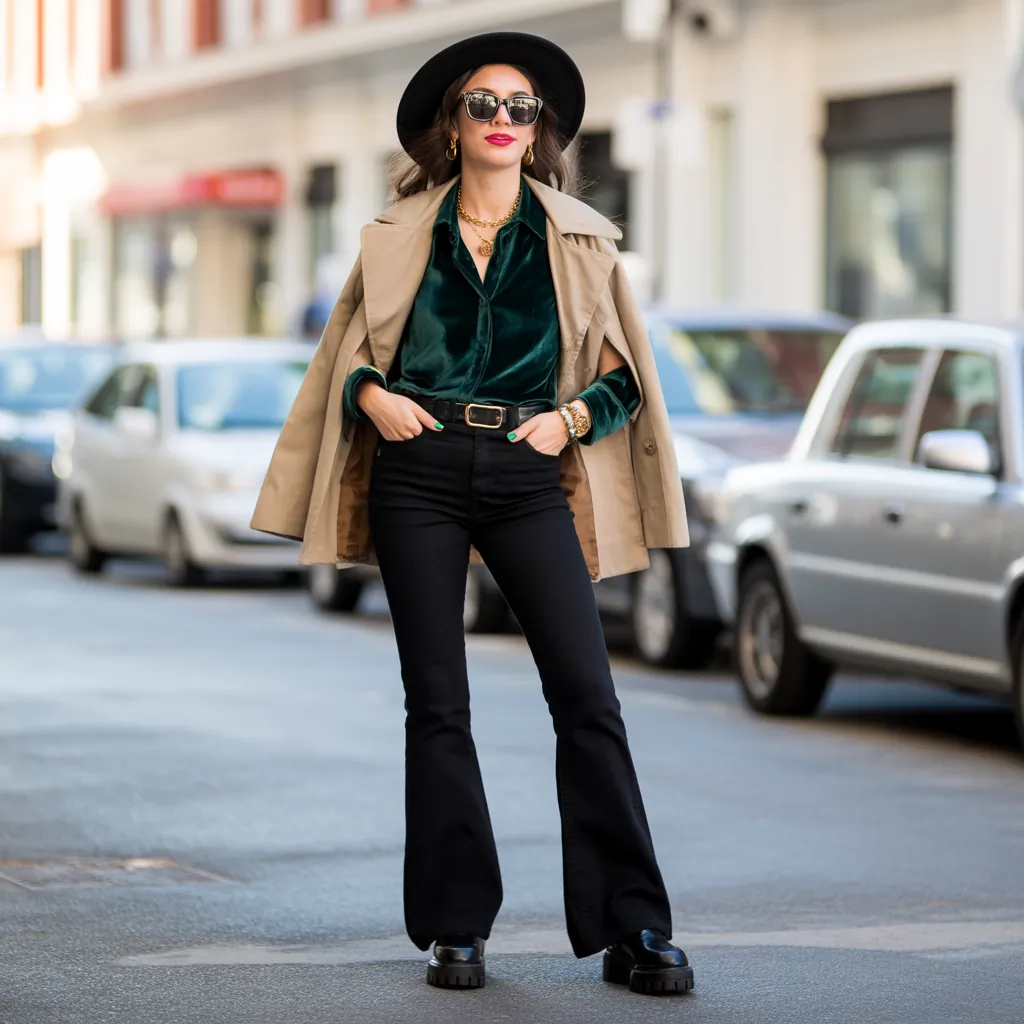 outfits to wear with black flare jeans