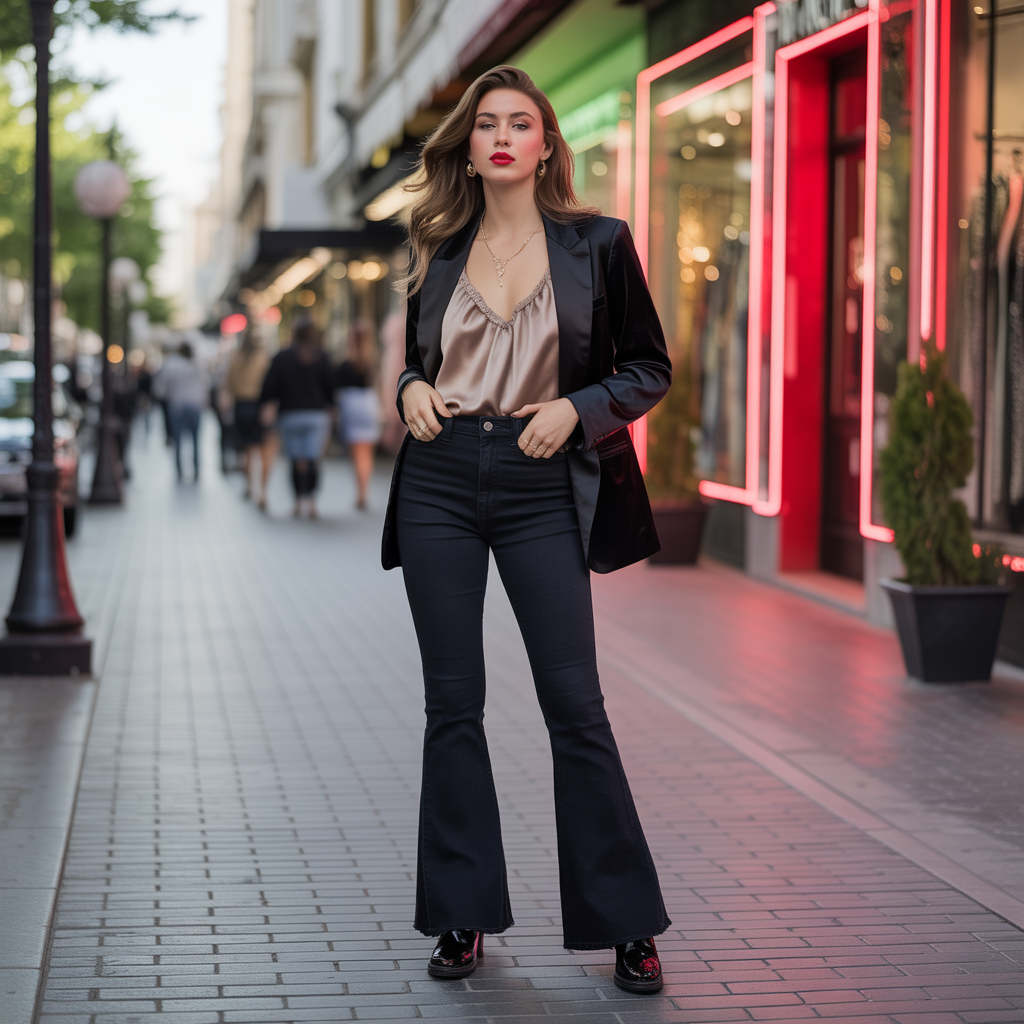 outfits to wear with black flare jeans