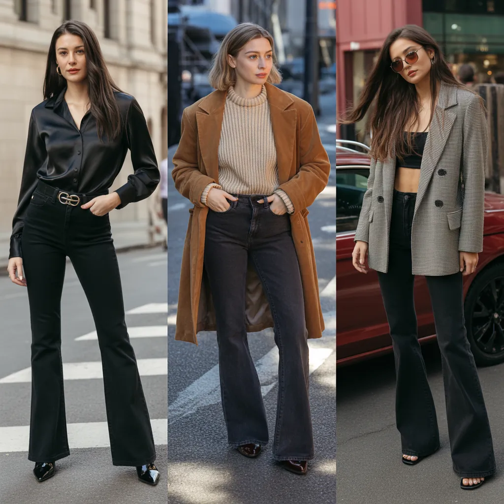 outfits to wear with black flare jeans