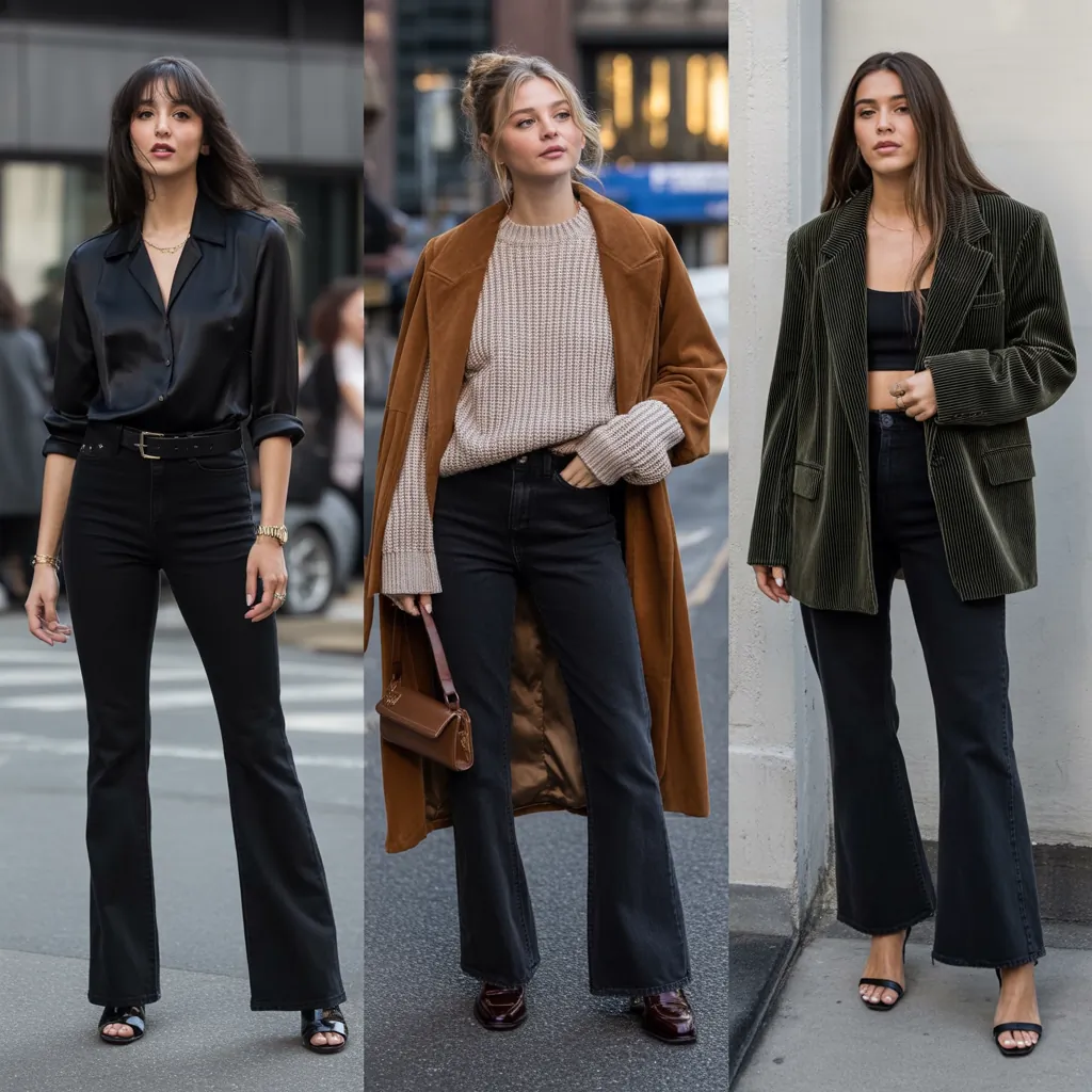 outfits to wear with black flare jeans