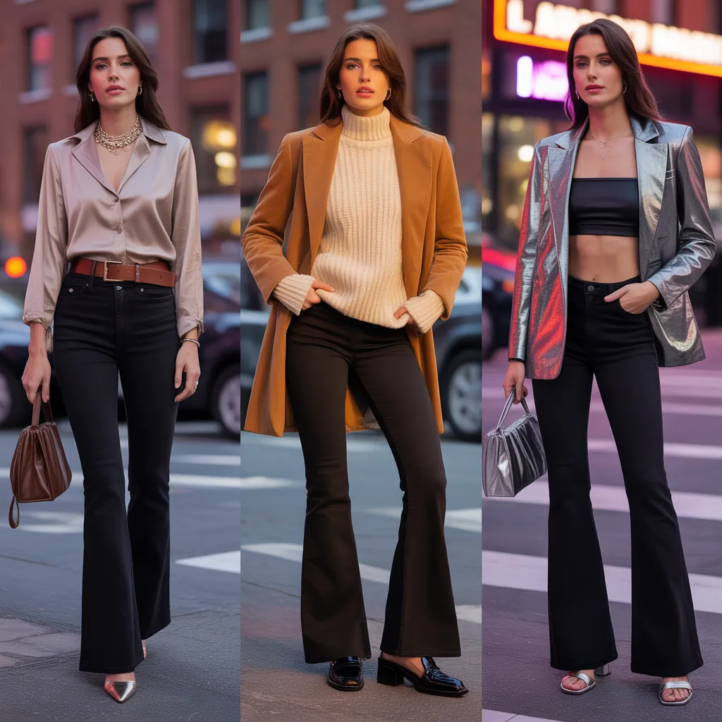 outfits to wear with black flare jeans