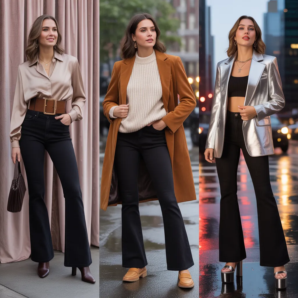 outfits to wear with black flare jeans