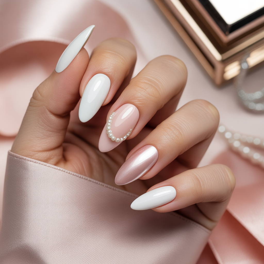 white and pink nails