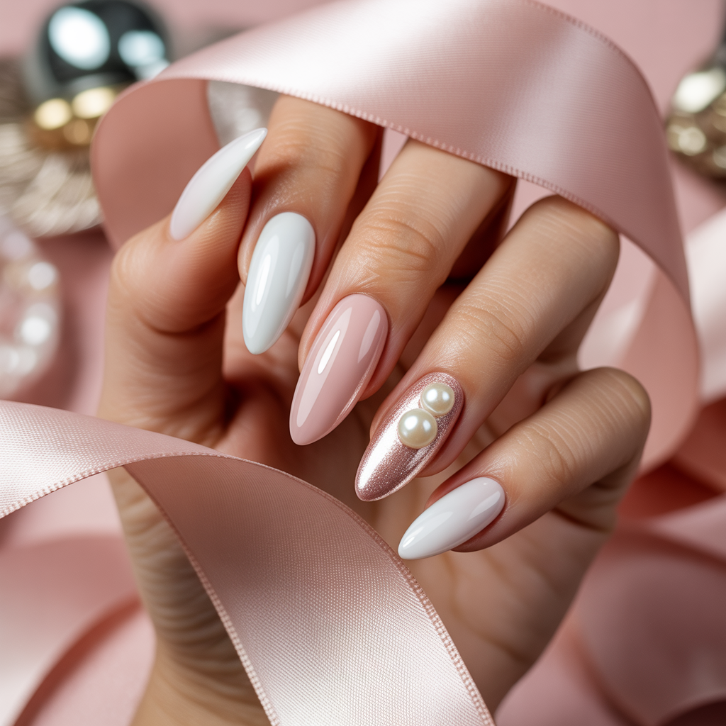 white and pink nails
