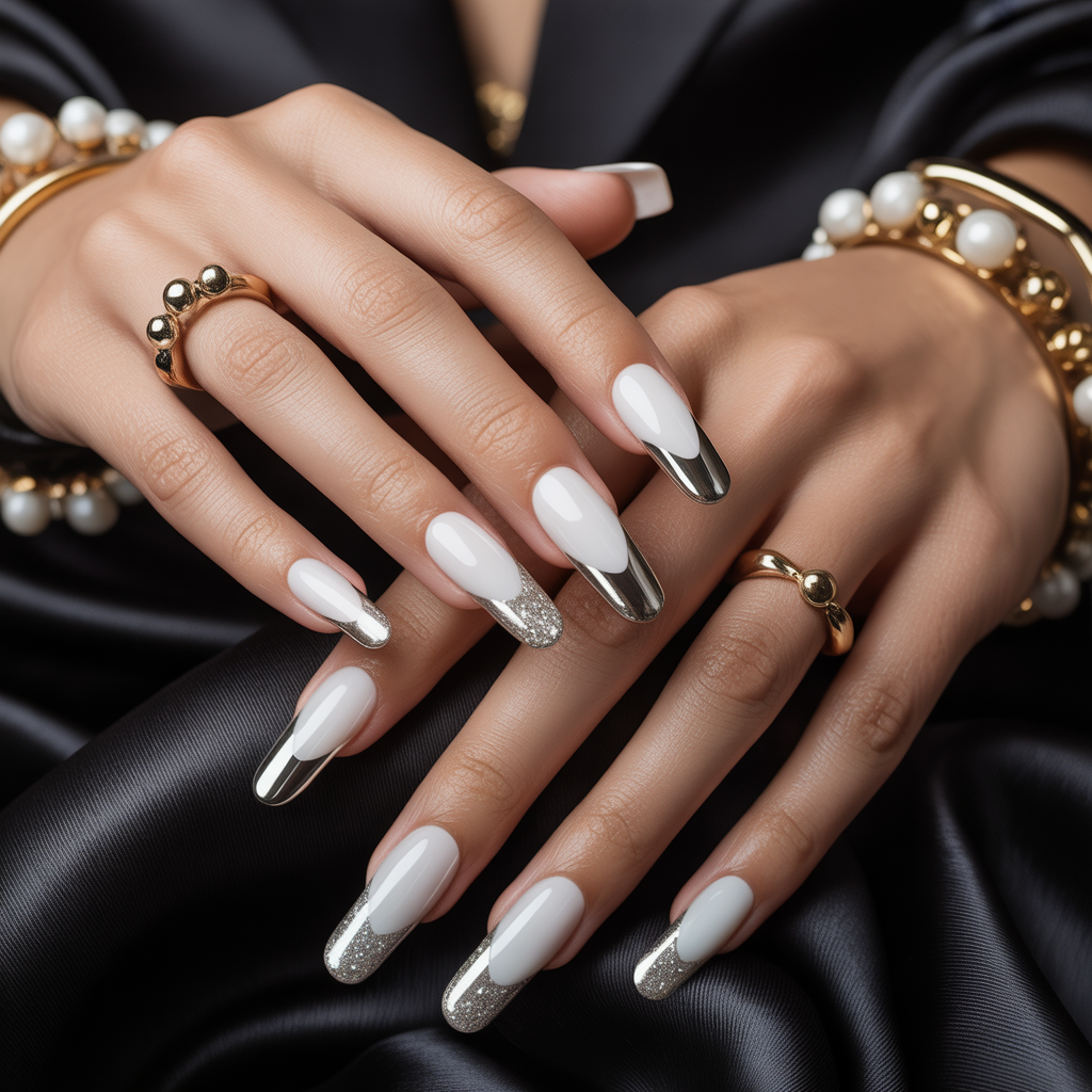 white and silver nails