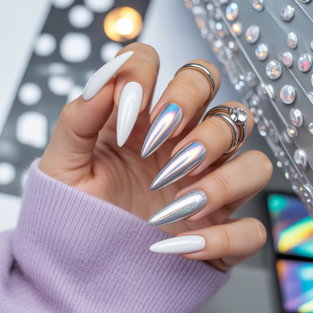 white and silver nails