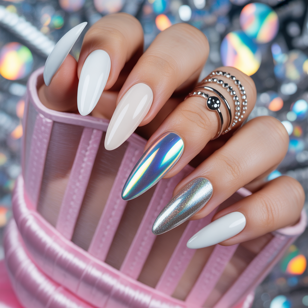 white and silver nails