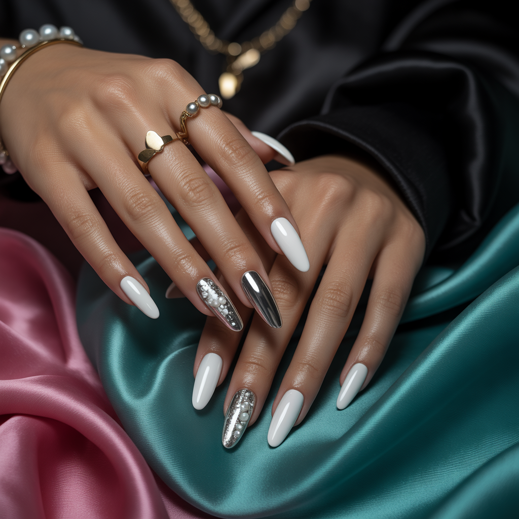 white and silver nails