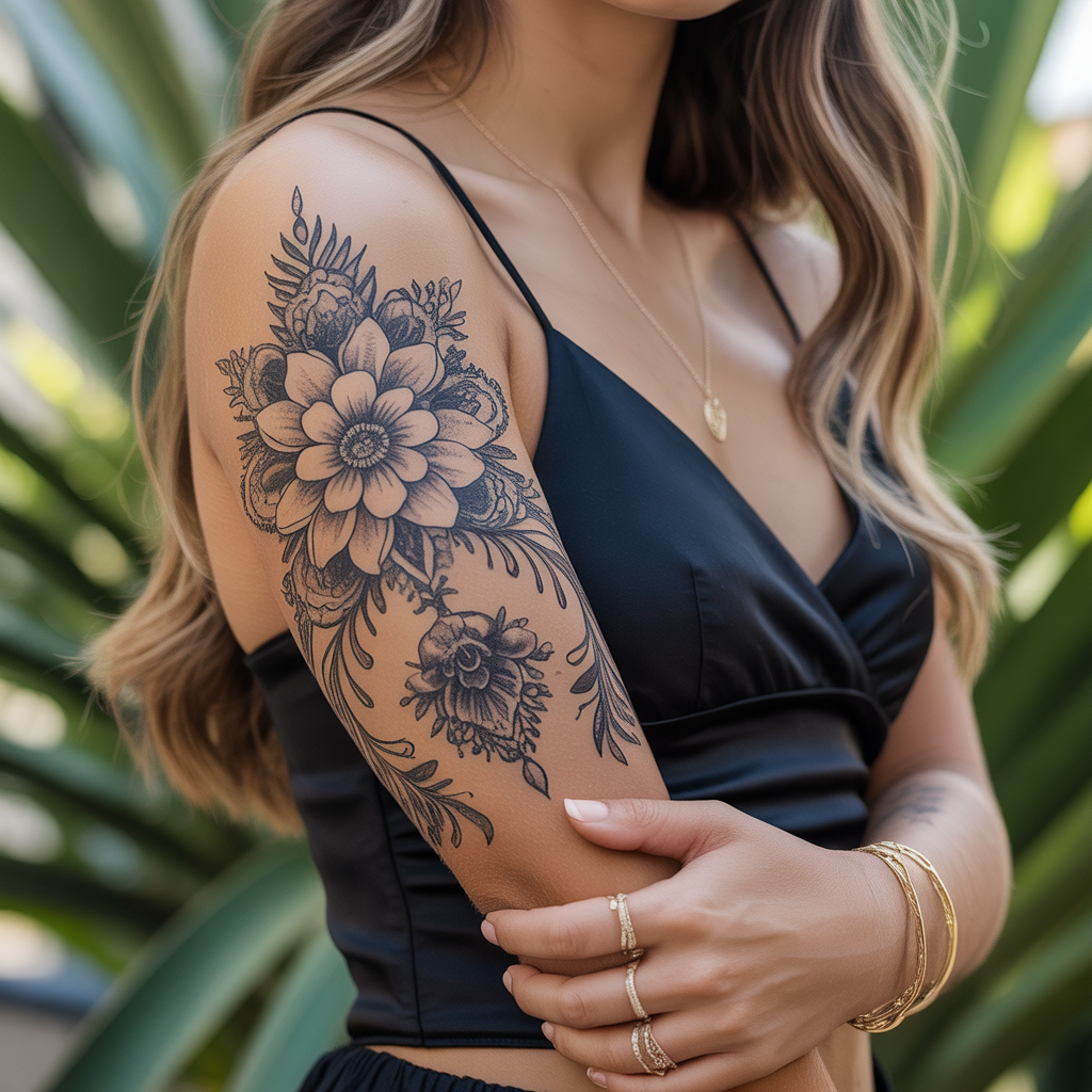 women arm sleeve tattoo